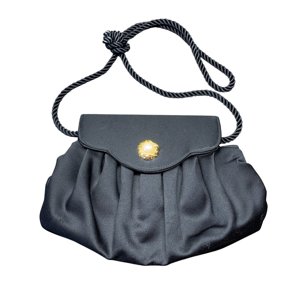 Vintage Nordstrom Black Satin Evening Purse Gold Pearl Clasp Rope Strap Hongkong
